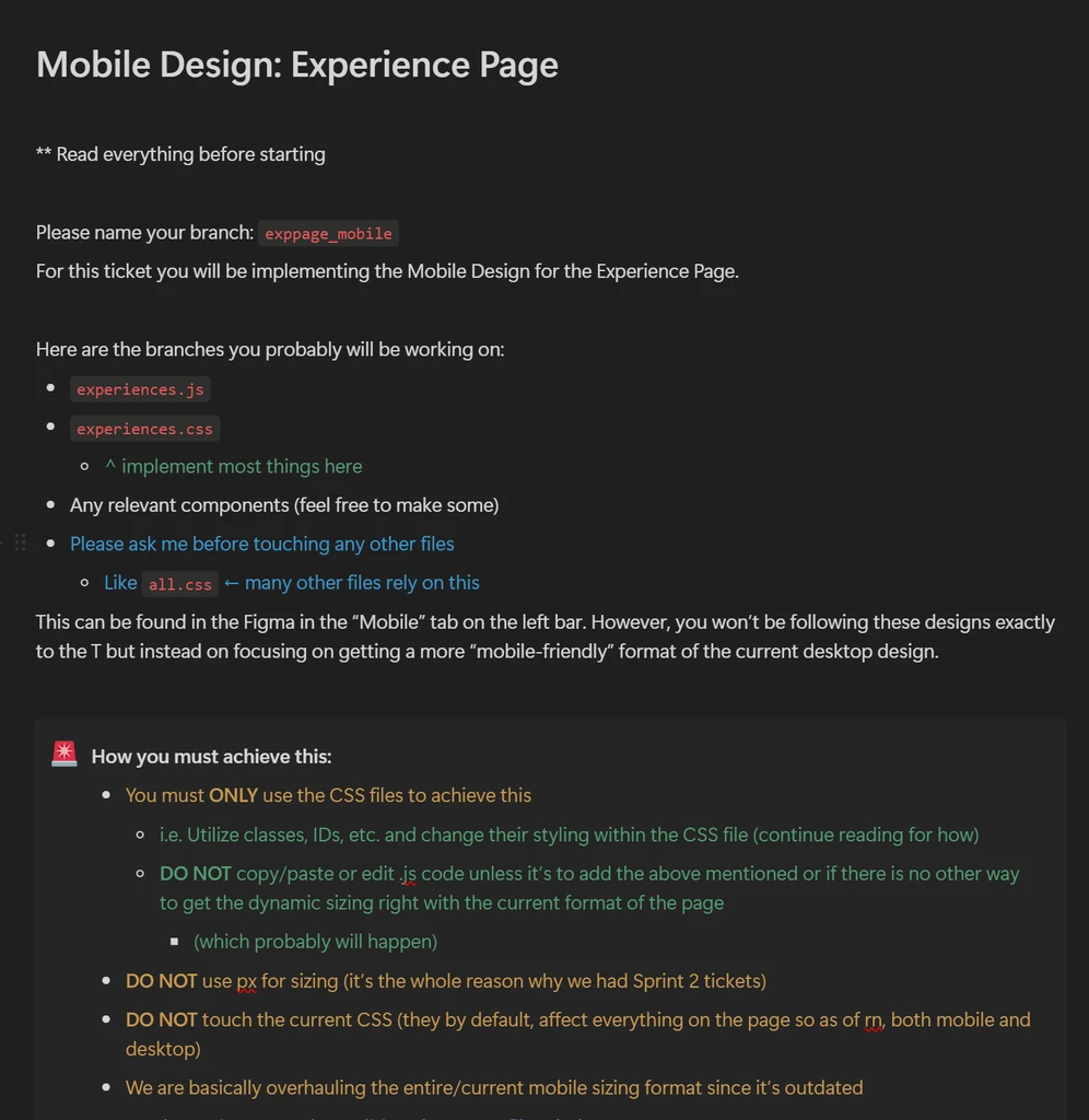 An example of a ticket for Designing Mobile for the Experience Page